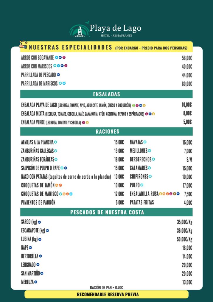 Carta Restaurante Playa de Lago - Comer en Muxía