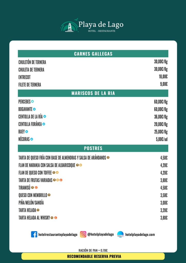 Carta Restaurante Playa de Lago - Comer en Muxía